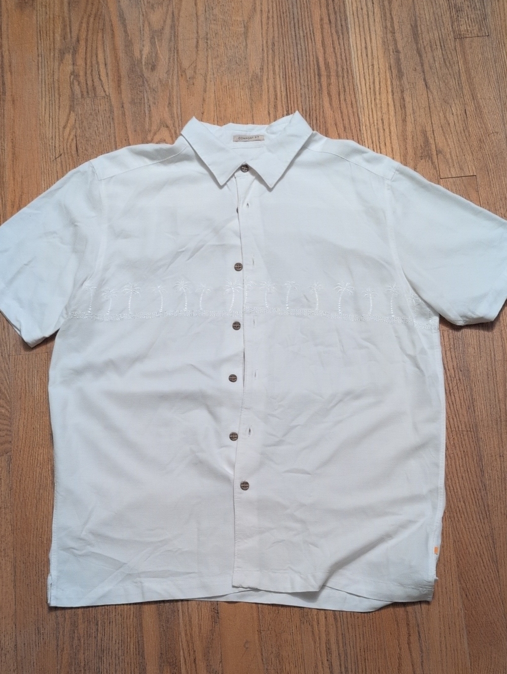 Quiksilver White Short-Sleeve Button-Down with Subtle Palm Embroidery